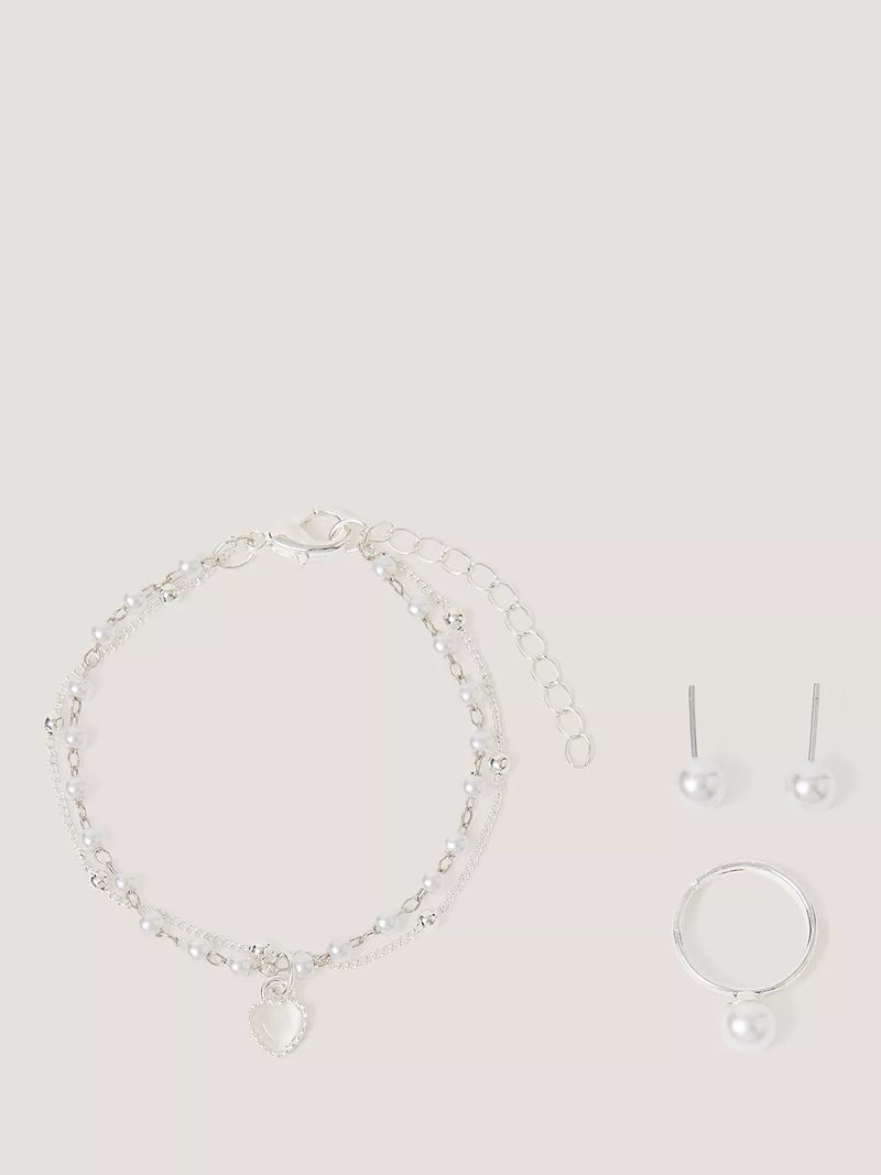 Monsoon kids pearl jewellery set bracelet ring earrings silver, UK version