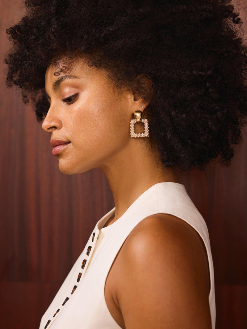 Mint Velvet square drop pearl earrings gold toned, UK version