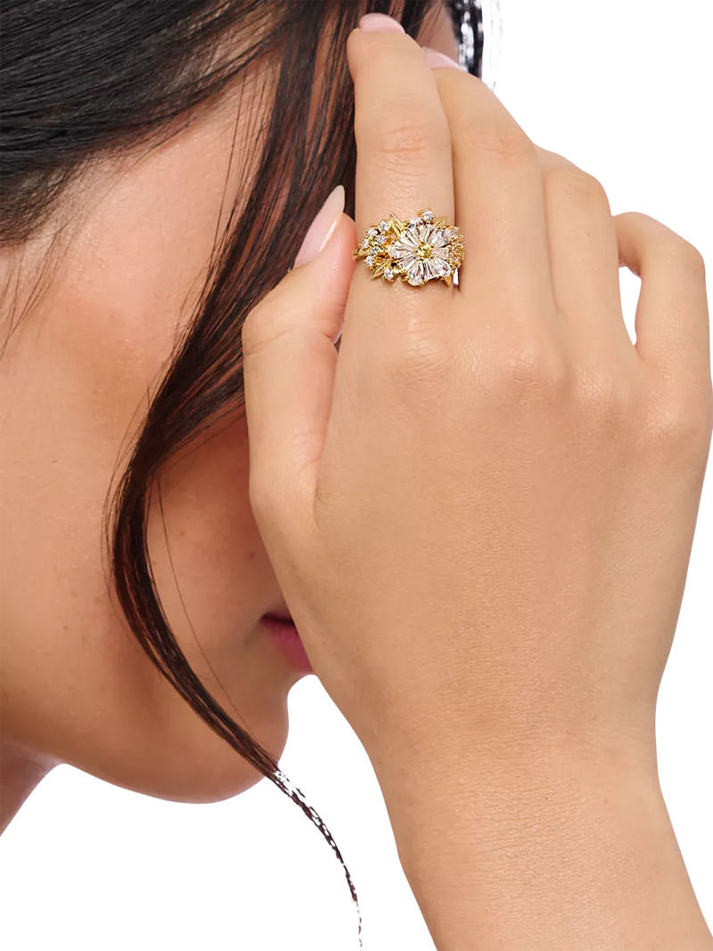 Thomas Sabo Crystal Flower gold cocktail ring, imported from the UK