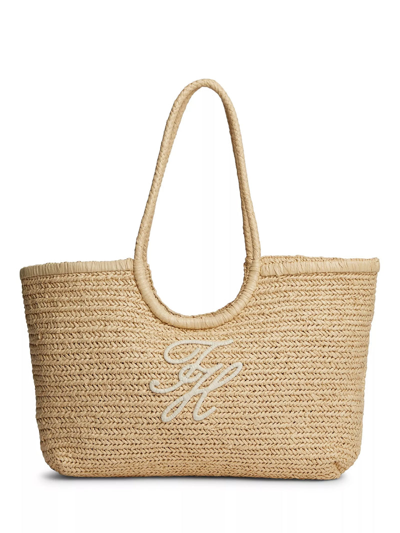 Tommy Hilfiger raffia textured logo tote bag cream, imported from the UK