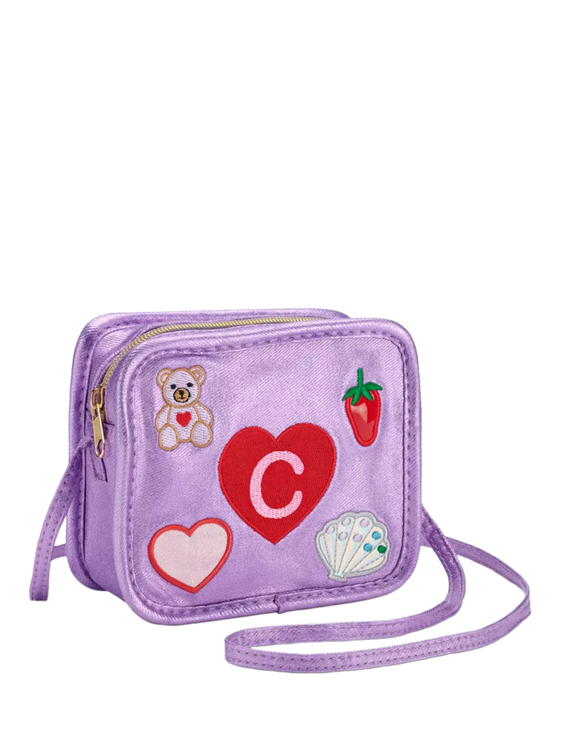 Stych kids crossbody bag in purple with teddy and heart pattern (British brand)