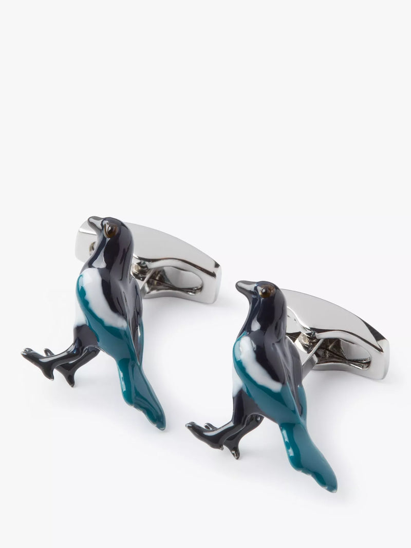 Simon Carter magpie cufflinks rhodium plated enamel, UK version