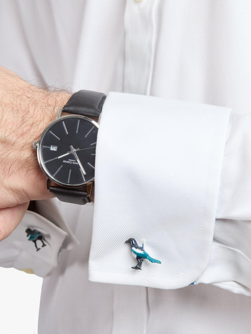 Simon Carter magpie cufflinks rhodium plated enamel, UK version
