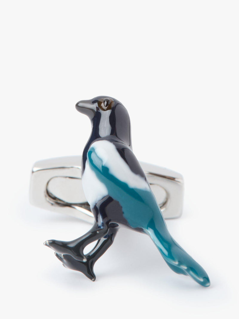 Simon Carter magpie cufflinks rhodium plated enamel, UK version