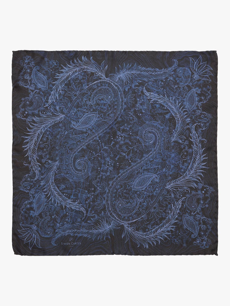Simon Carter silk pocket square navy paisley pattern, imported from the UK