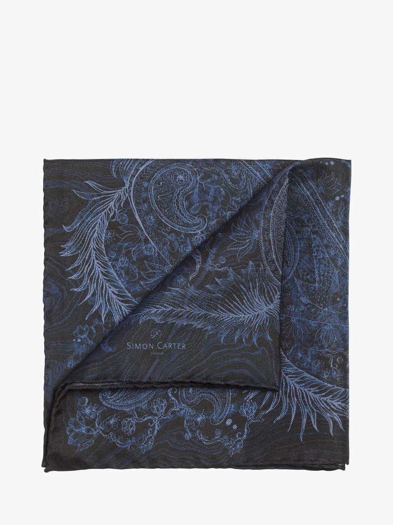 Simon Carter silk pocket square navy paisley pattern, imported from the UK
