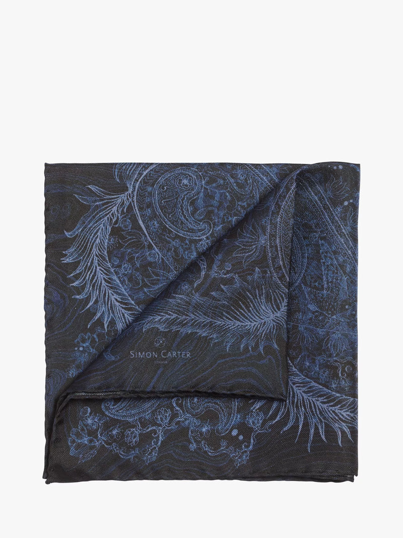 Simon Carter silk pocket square navy paisley pattern, imported from the UK