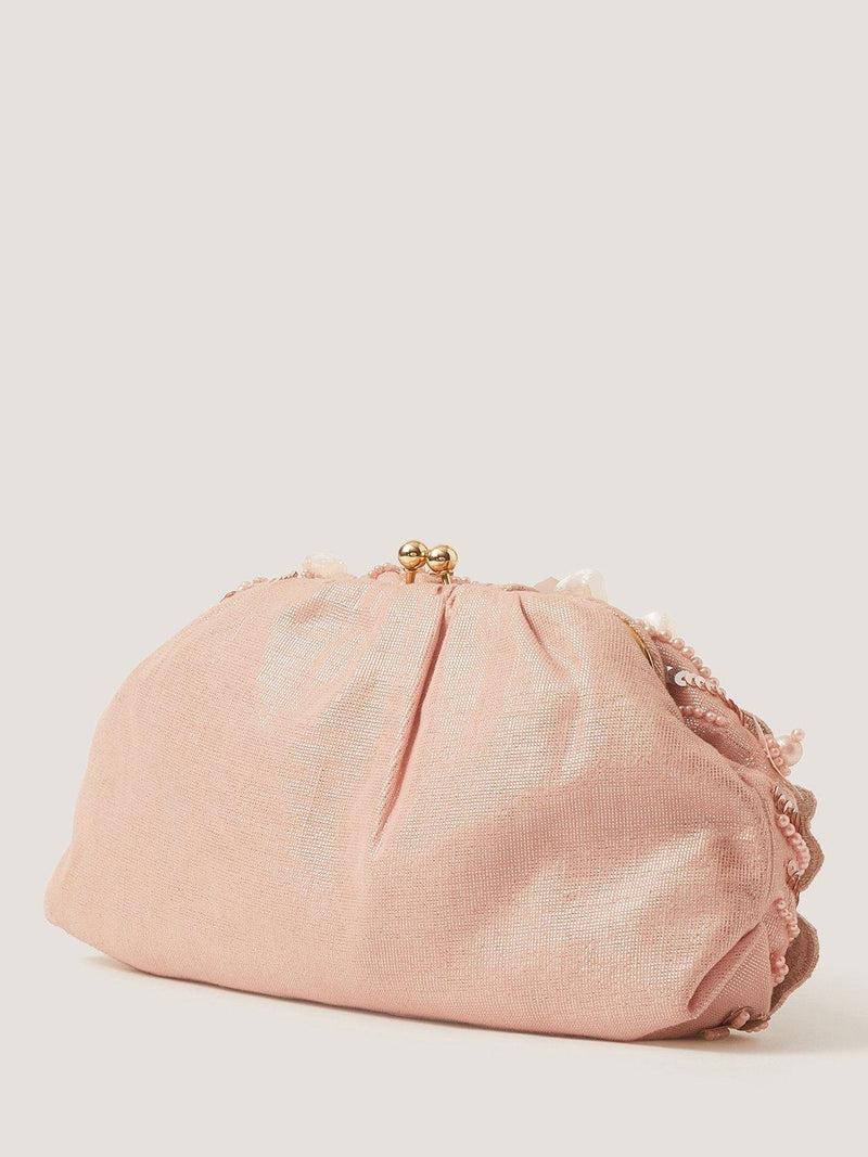 Monsoon Flora embroidered clutch bag in pink, imported from the UK