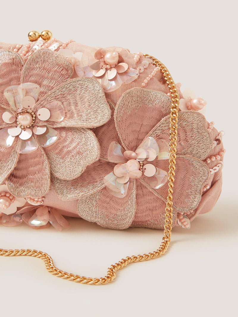 Monsoon Flora embroidered clutch bag in pink, imported from the UK