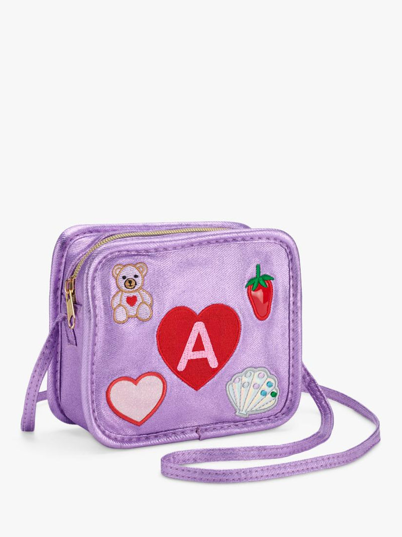 Stych purple kids crossbody bag with initial and teddy patches, UK version