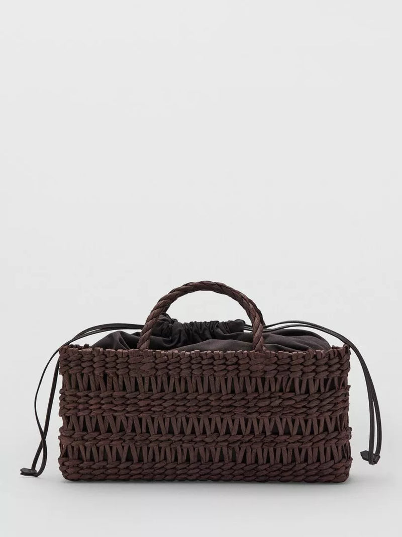 Mango woven paper tote bag in chocolate, UK version