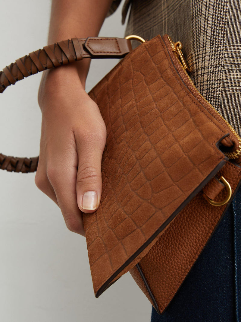 Reiss croc embossed top handle bag in tan, UK version