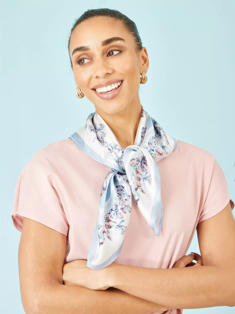 Yumi silk butterfly scarf blue multi 65cm, imported from the UK