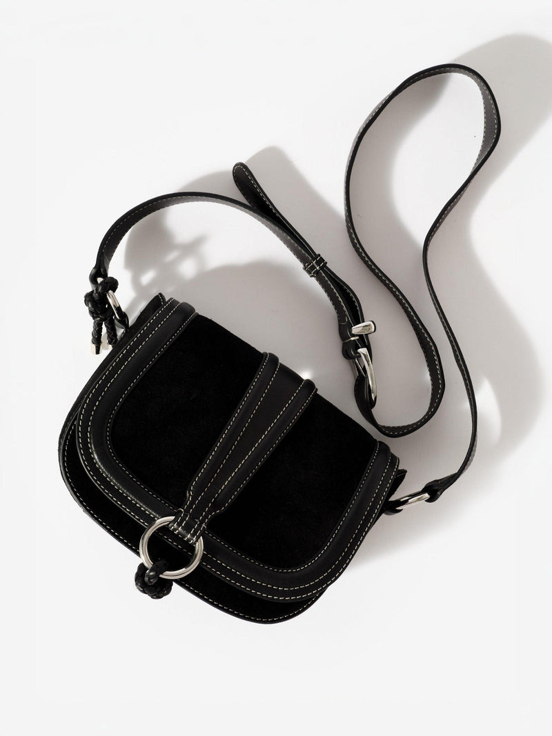 Mint Velvet suede saddle bag black, imported from the UK