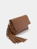 Mint Velvet tan leather fold over tassel clutch - British product