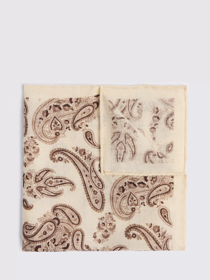 Moss wool paisley pocket square neutral dark brown, UK version
