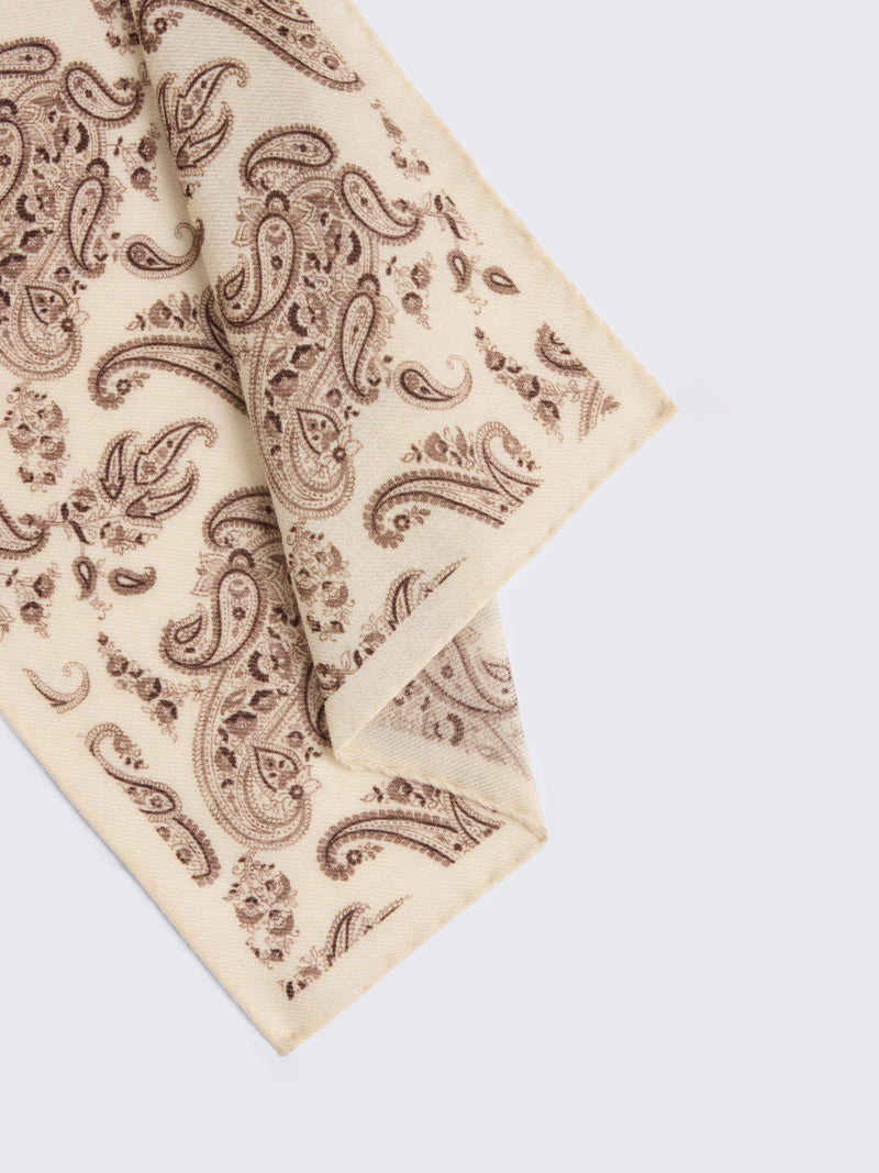 Moss wool paisley pocket square neutral dark brown, UK version