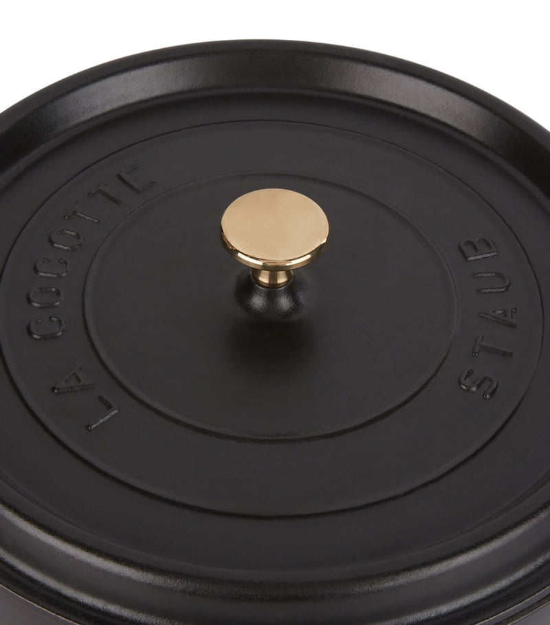 Staub black round cocotte 28cm, imported from the UK