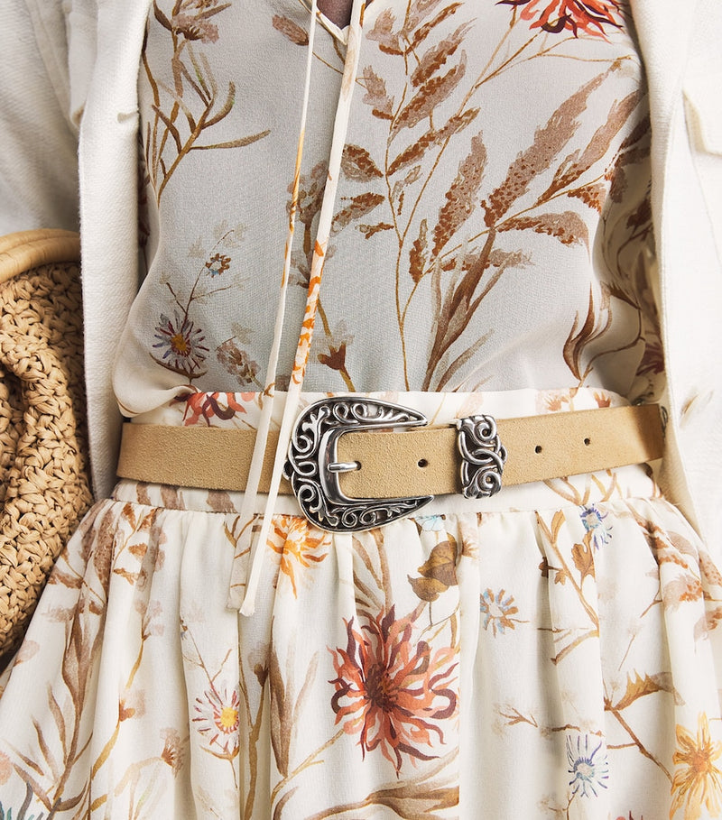 Eleventy suede belt with Western-style buckle, imported from the UK
