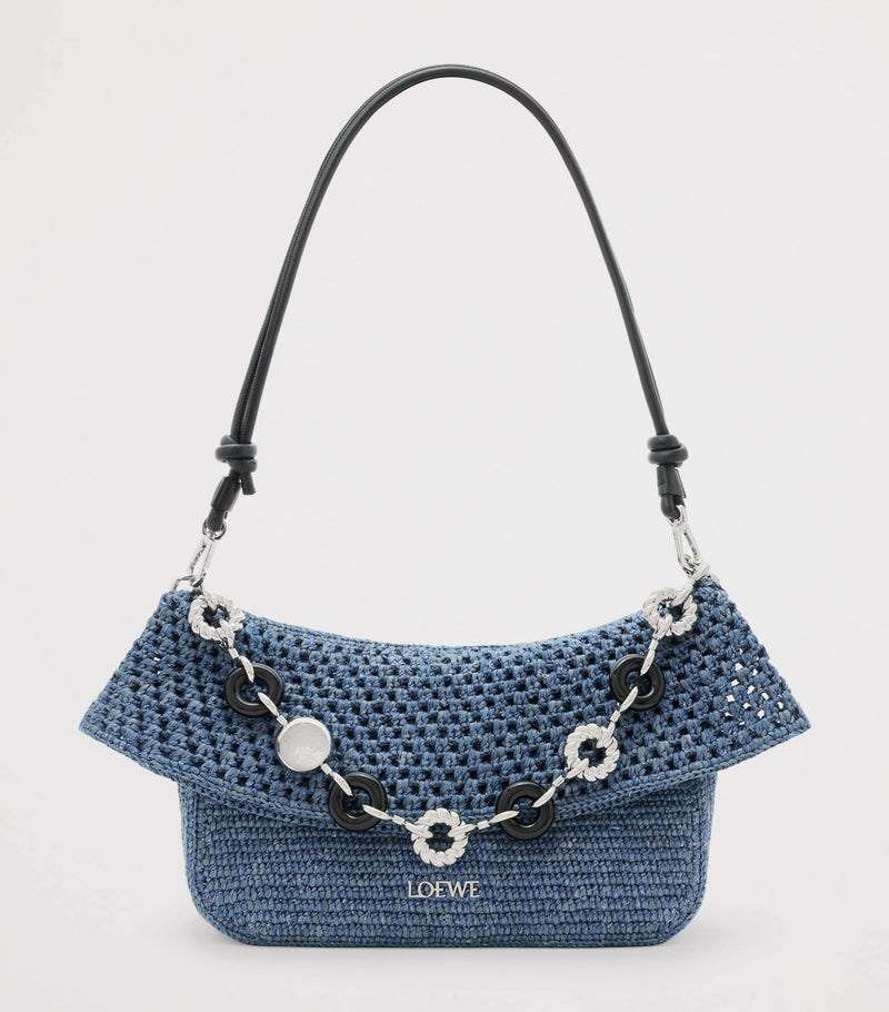 LOEWE medium crochet Ola shoulder bag in raffia and linen, imported from the UK