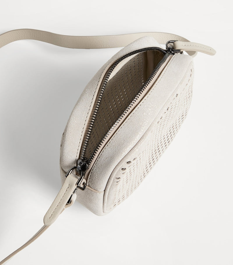 Brunello Cucinelli Kids suede laser cut-out cross-body bag, imported from the UK
