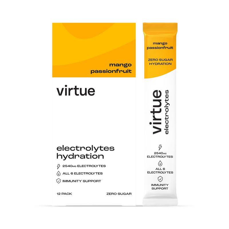 Virtue Electrolytes Hydration Mango Passionfruit 12 Sachets, imported from the UK