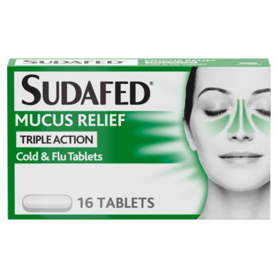 Sudafed Mucus Relief Cold Flu Tablets Pack of 16 (British brand)