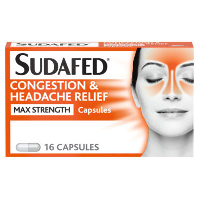 Sudafed Capsules for congestion and headache relief, pack of 16 (British brand)