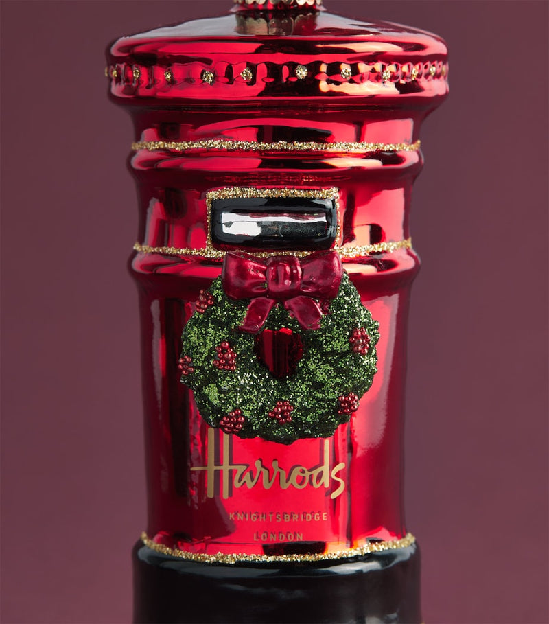 Harrods post box tree decoration with holly wreath 10cm, imported from the UK