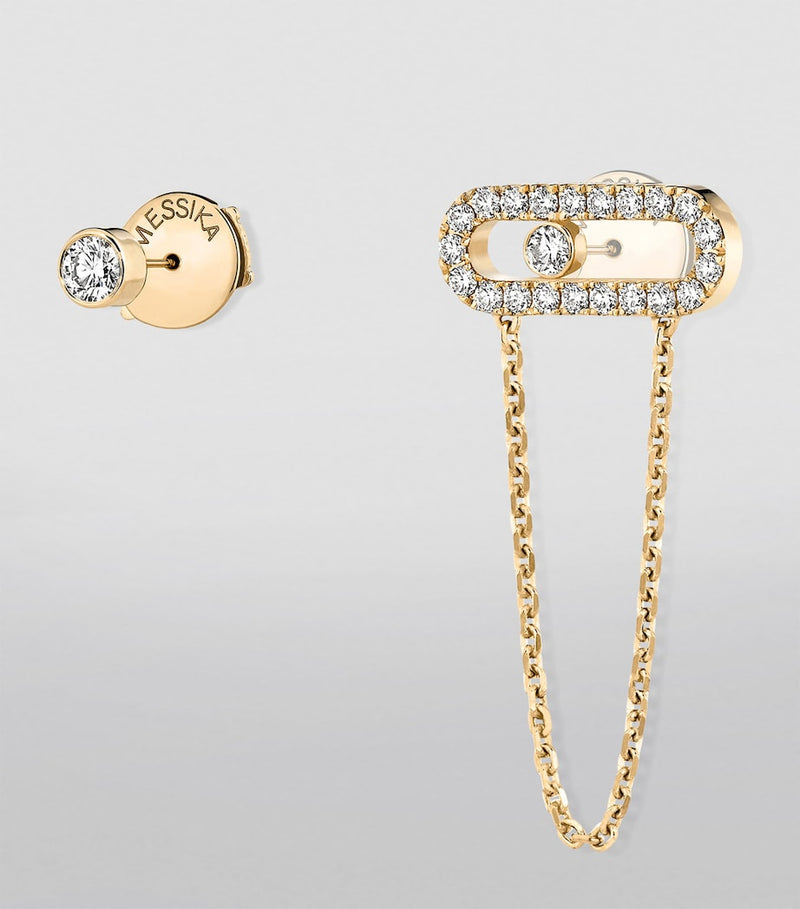 Messika Move Uno asymmetric earrings 18kt yellow gold 0.30ct diamond, imported from the UK