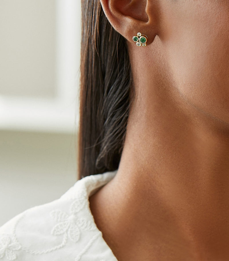 Boodles Raindance stud earrings yellow gold diamonds emeralds (British brand)