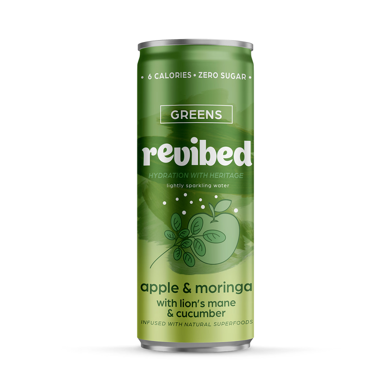 Revibed superfood sparkling water Apple & Moringa 250ml, imported from the UK
