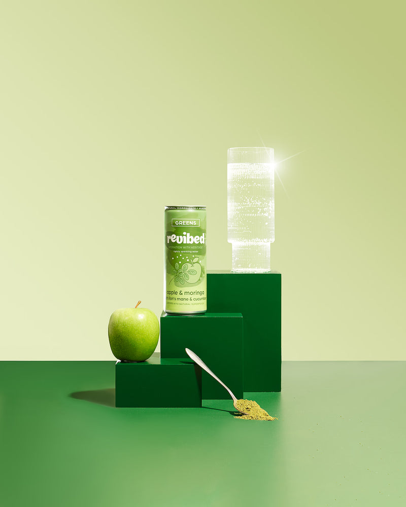 Revibed superfood sparkling water Apple & Moringa 250ml, imported from the UK