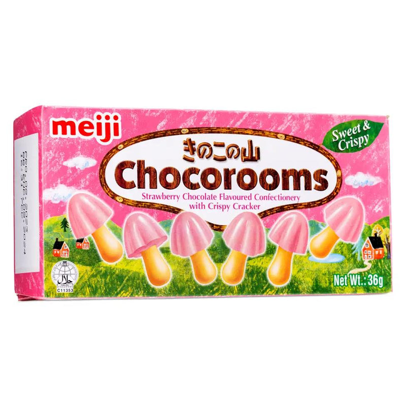 Meiji Chocorooms strawberry chocolate confectionery with crisp cracker, imported from the UK