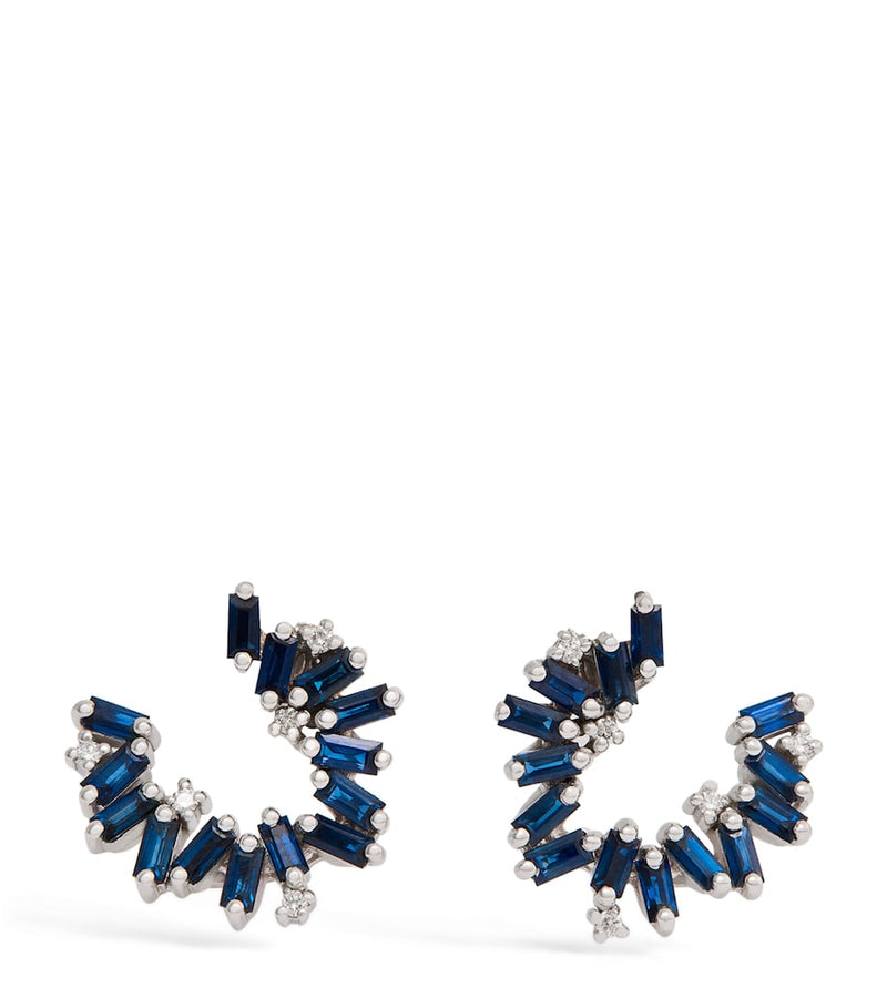 Suzanne Kalan blue sapphire spiral earrings in white gold, imported from the UK