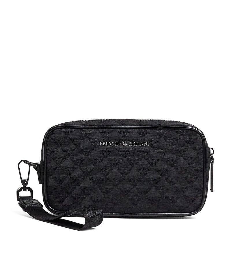 Emporio Armani jacquard logo wash bag with wrist strap, UK version