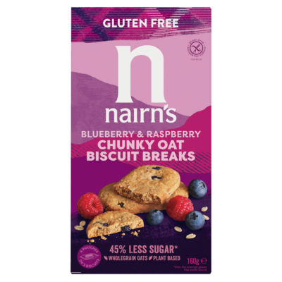 Nairn's Blueberry & Raspberry Chunky Oat Biscuit Breaks 160g, imported from the UK