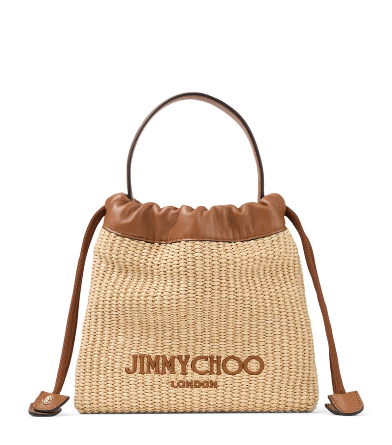 Jimmy Choo raffia drawstring pouch with leather trim, UK version