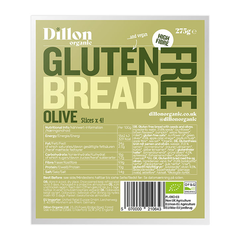 Dillon Organic Sliced Gluten Free Seeded Bread 275g - Olive Bread