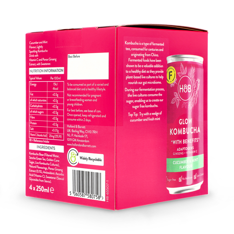 Sugar-Free Kombucha with Ginseng and Vitamin C for Gut Health, 4x250ml