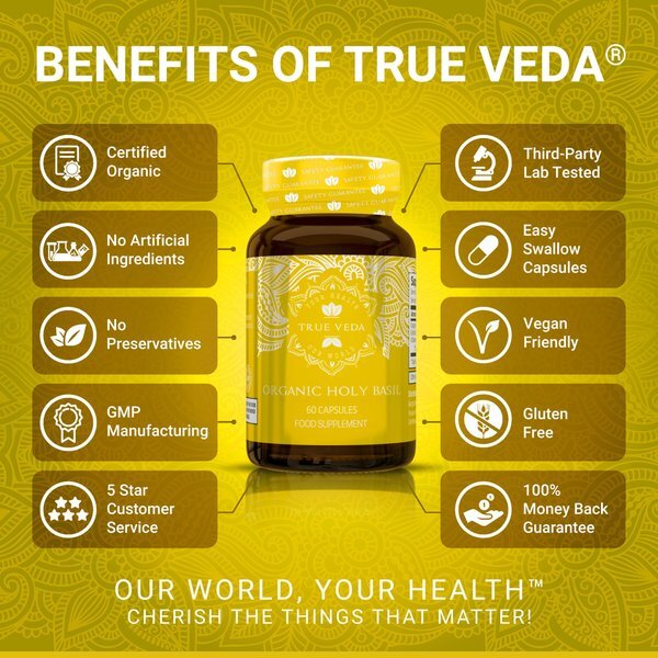 True Veda organic holy basil capsules 360 count, imported from the UK