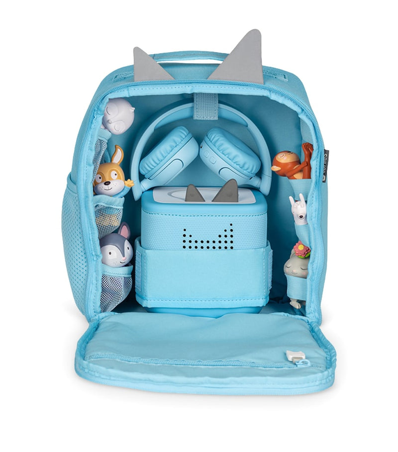 Tonies backpack holding Toniebox and 14 Tonies (British brand)