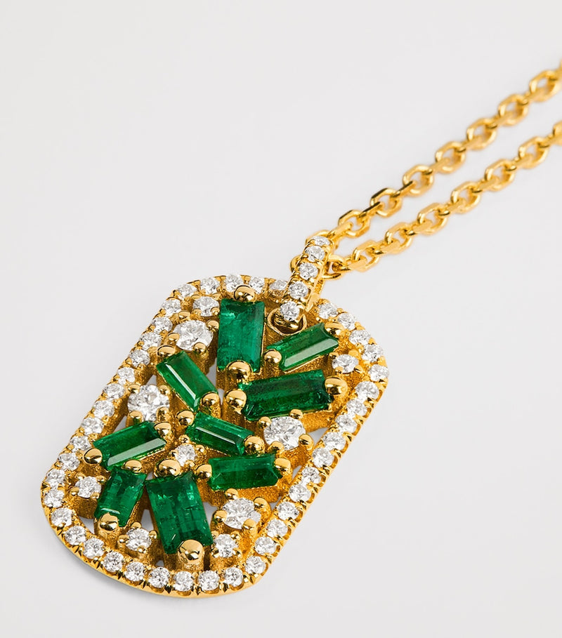 Suzanne Kalan yellow gold diamond and emerald dog tag necklace - British product