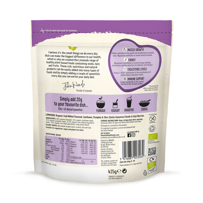 Linwoods Milled Flaxseed Sunflower Pumpkin Chia Seeds Goji Berries 425g