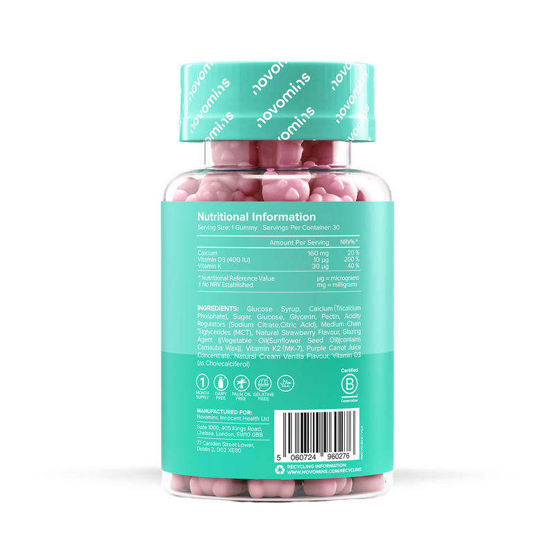 Novomins Kids Calcium Gummies Strawberry Milkshake 30 Pack, imported from the UK