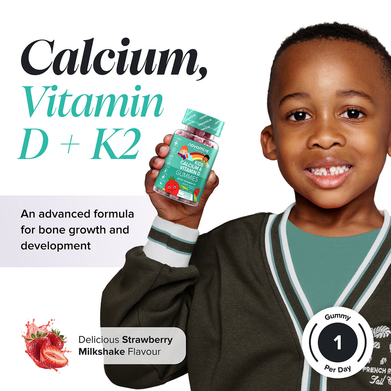 Novomins Kids Calcium Gummies Strawberry Milkshake 30 Pack, imported from the UK