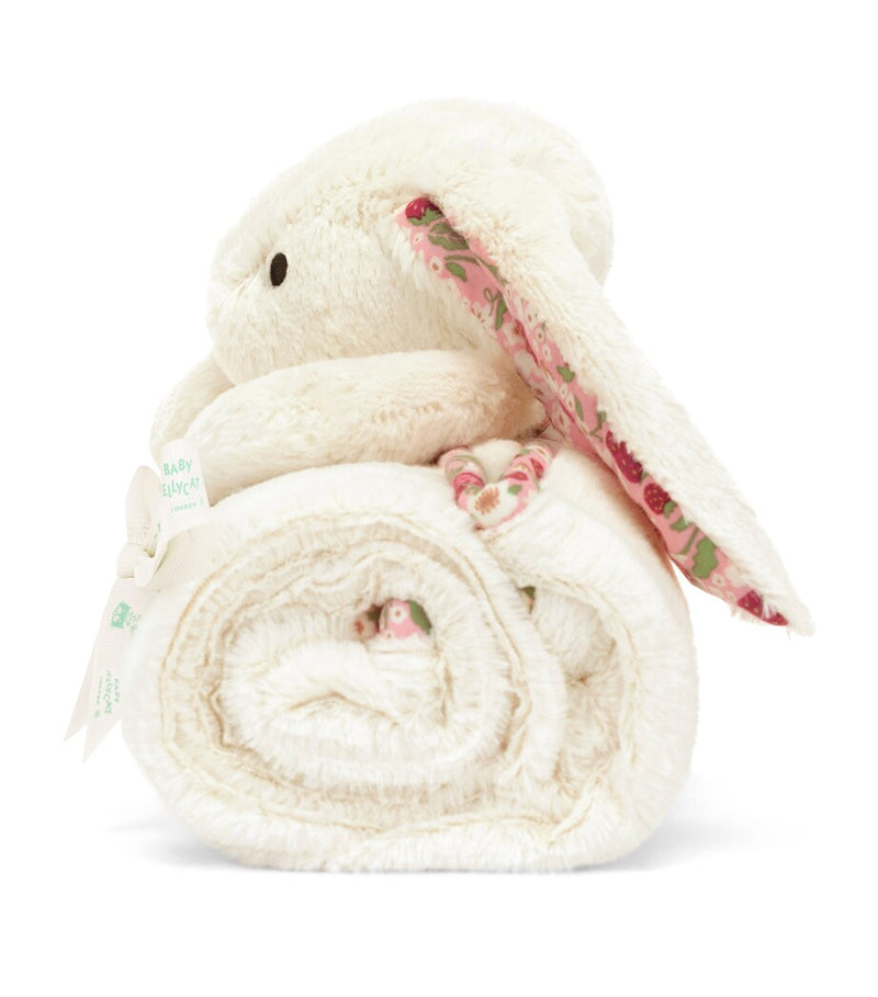Jellycat Blossom Bunny blankie with strawberry ears, 56cm x 70cm, UK version