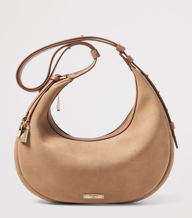 Aspinal of London Soho Crescent shoulder bag in suede, UK version