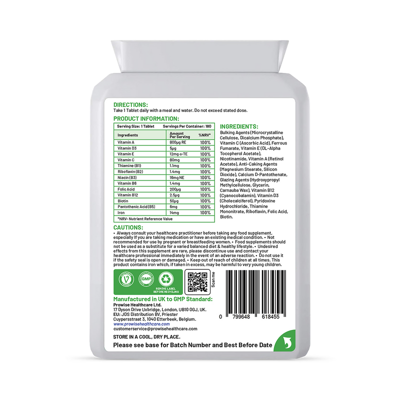 Prowise Healthcare multivitamin with iron supplement 180 tablets, imported from the UK