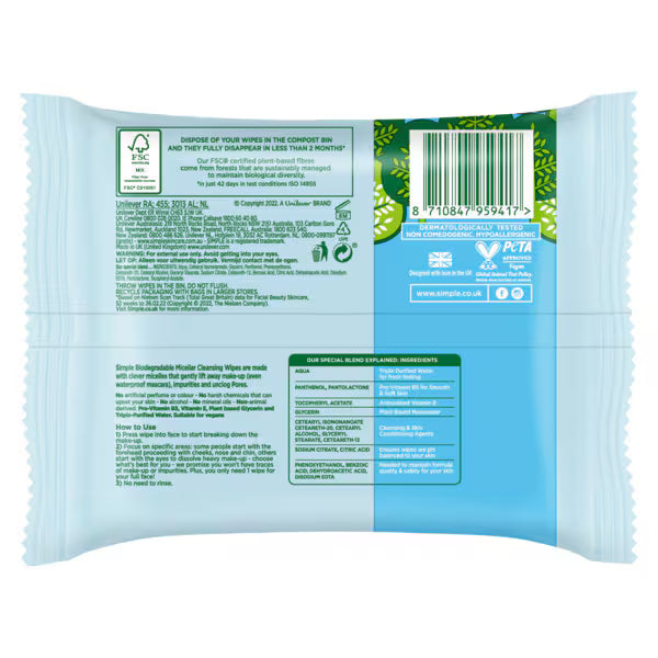 Simple Kind to Skin Water Boost Micellar Cleansing Wipes 20 (British brand)